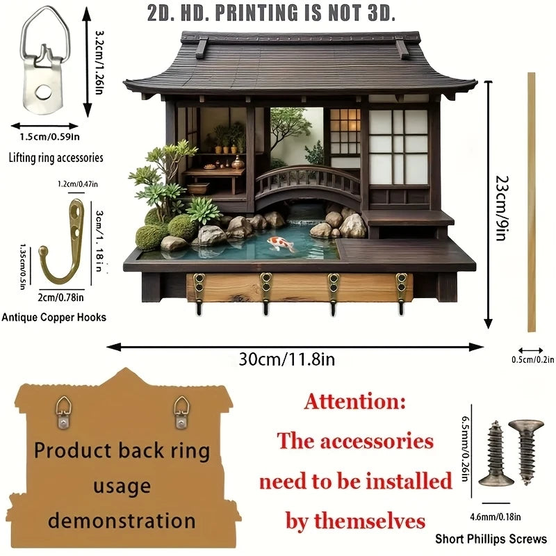 2D Retro Japanese-Style Wooden Key Hook Multi-Functional Home Key Holder for Porch Wall Decoration And Kitchen Storage