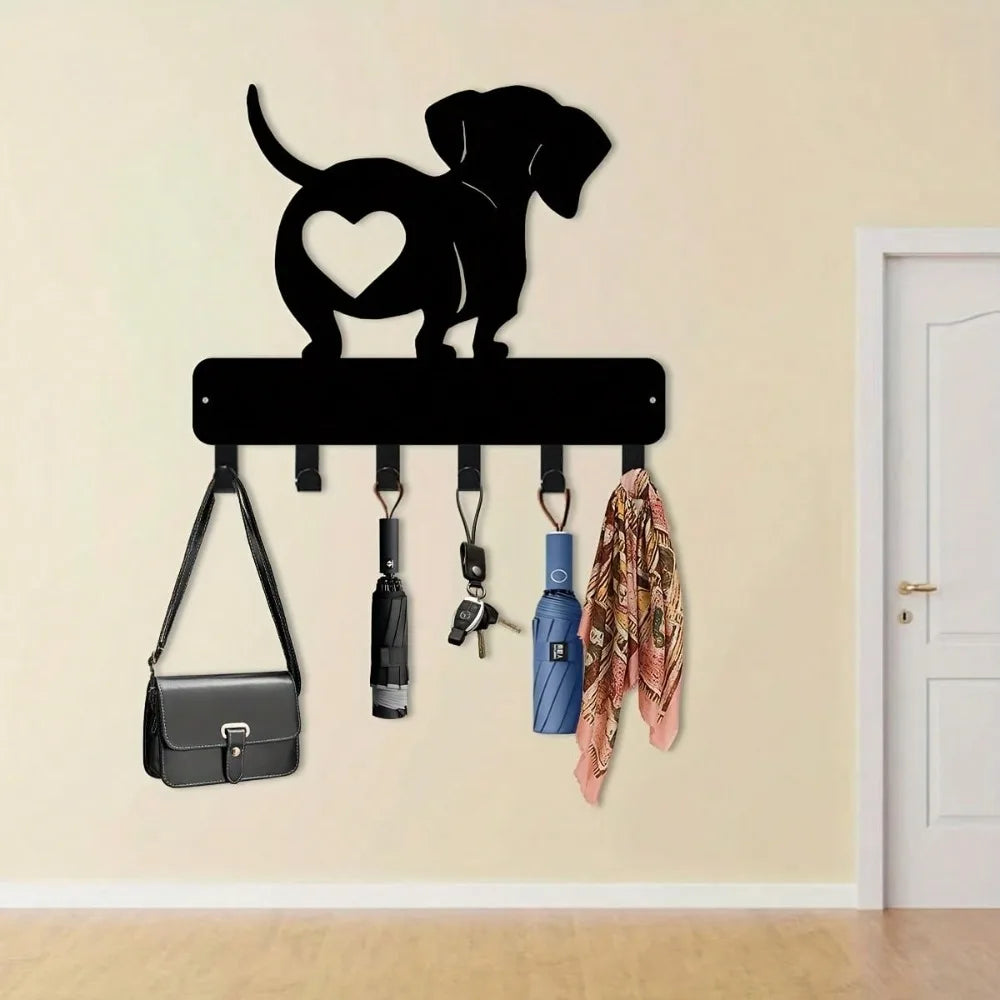 Dachshund Metal Key Hanger - Wall Hook for Keys, Hats & Decor, Heart Design, Black, Easy Install, 11.81 Inch, Home Office Organi