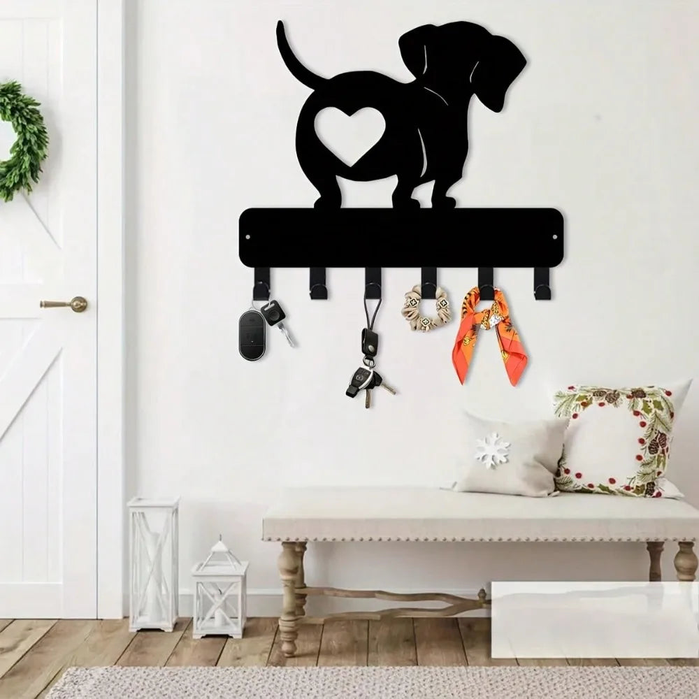 Dachshund Metal Key Hanger - Wall Hook for Keys, Hats & Decor, Heart Design, Black, Easy Install, 11.81 Inch, Home Office Organi