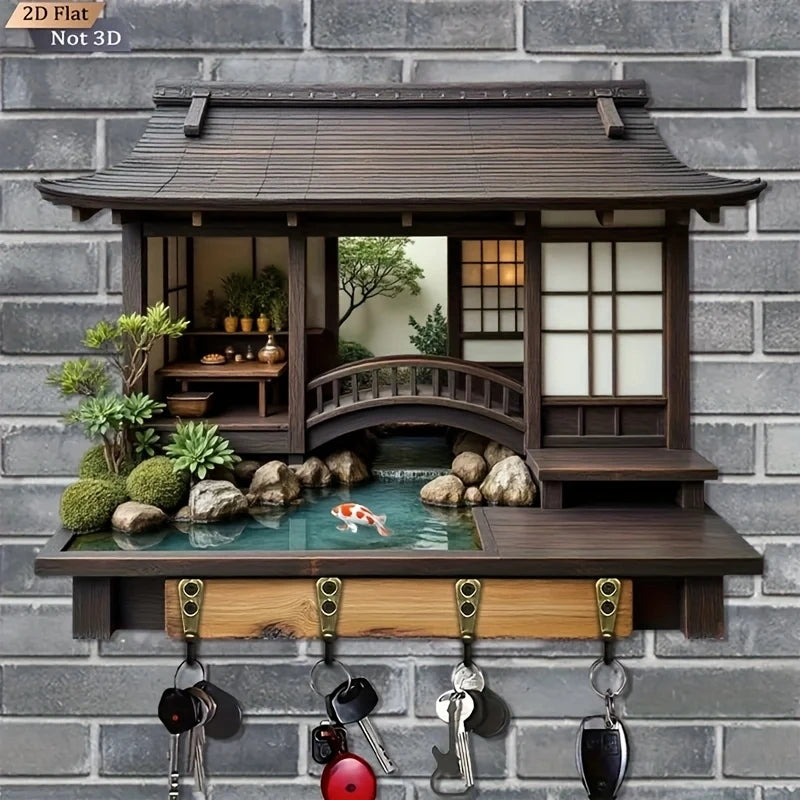 2D Retro Japanese-Style Wooden Key Hook Multi-Functional Home Key Holder for Porch Wall Decoration And Kitchen Storage