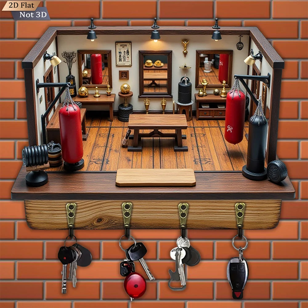2D Flat Mini Wooden Boxing Key Hook, 1-Pack, Multi-Functional Home Decorative Wall Hanger with Four Metal Clips for Entryway