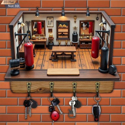 2D Flat Mini Wooden Boxing Key Hook, 1-Pack, Multi-Functional Home Decorative Wall Hanger with Four Metal Clips for Entryway