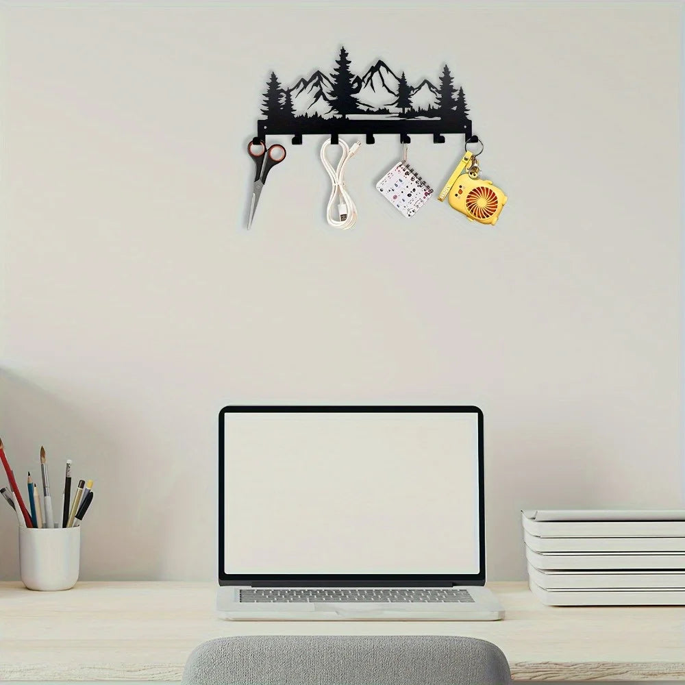 Metal Key Hanger Stand Ornamental Organizing Hooks with Mountain Forest Design Jackets Storage Wall Hooks Decorative Home Gift