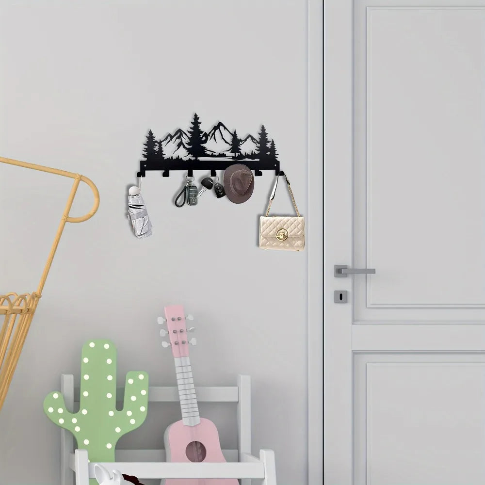 Metal Key Hanger Stand Ornamental Organizing Hooks with Mountain Forest Design Jackets Storage Wall Hooks Decorative Home Gift