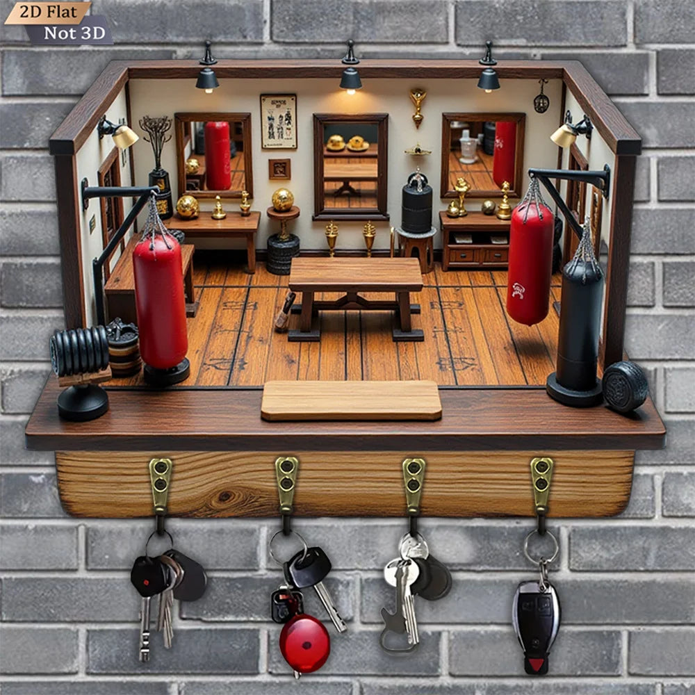 2D Flat Mini Wooden Boxing Key Hook, 1-Pack, Multi-Functional Home Decorative Wall Hanger with Four Metal Clips for Entryway