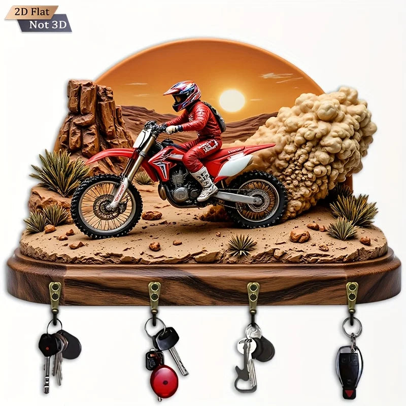 2D Flat. 1pc. Desert Motorcycle Key Hook - Wooden Multi-Functional Decorative Holder with Four Metal Hooks, Wall Décor for Room