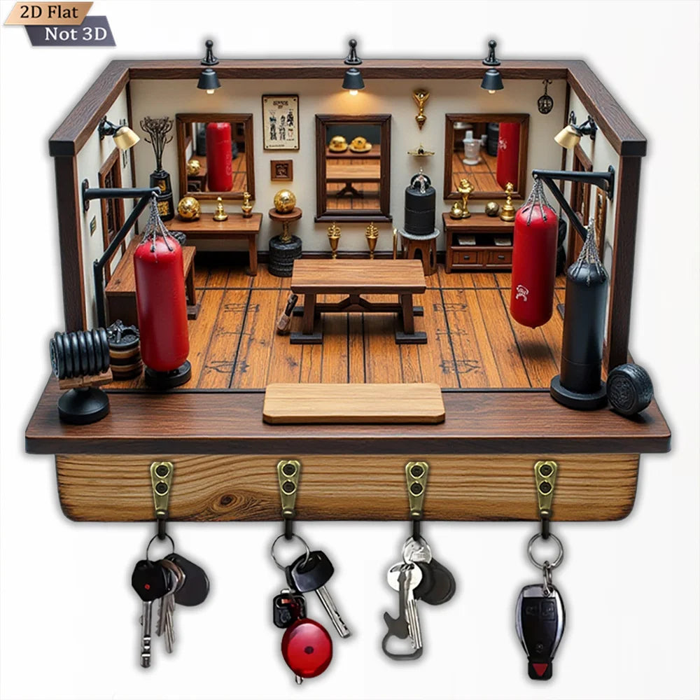2D Flat Mini Wooden Boxing Key Hook, 1-Pack, Multi-Functional Home Decorative Wall Hanger with Four Metal Clips for Entryway