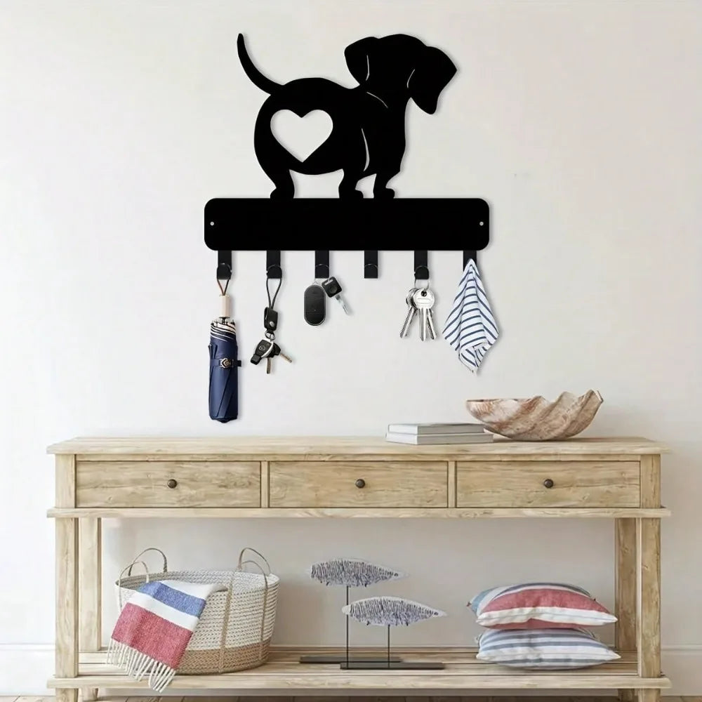 Dachshund Metal Key Hanger - Wall Hook for Keys, Hats & Decor, Heart Design, Black, Easy Install, 11.81 Inch, Home Office Organi