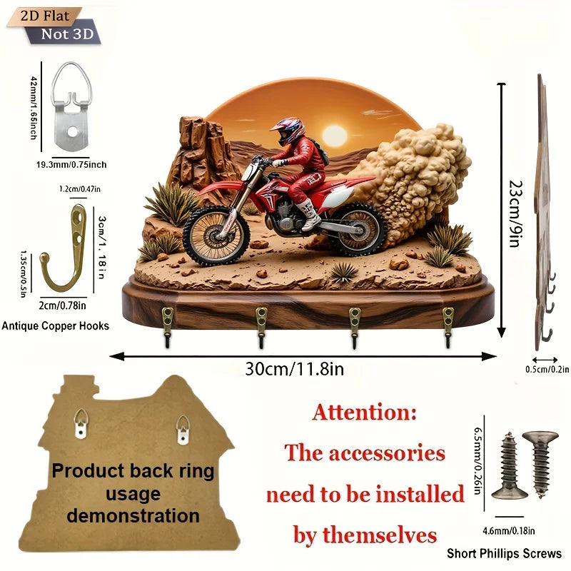 2D Flat. 1pc. Desert Motorcycle Key Hook - Wooden Multi-Functional Decorative Holder with Four Metal Hooks, Wall Décor for Room