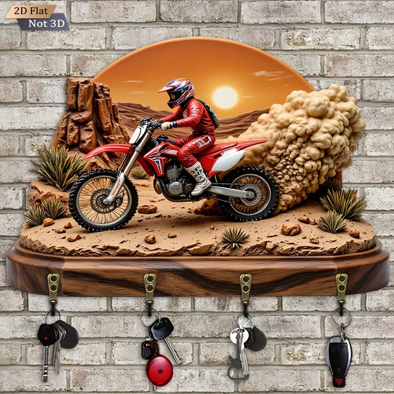 2D Flat. 1pc. Desert Motorcycle Key Hook - Wooden Multi-Functional Decorative Holder with Four Metal Hooks, Wall Décor for Room