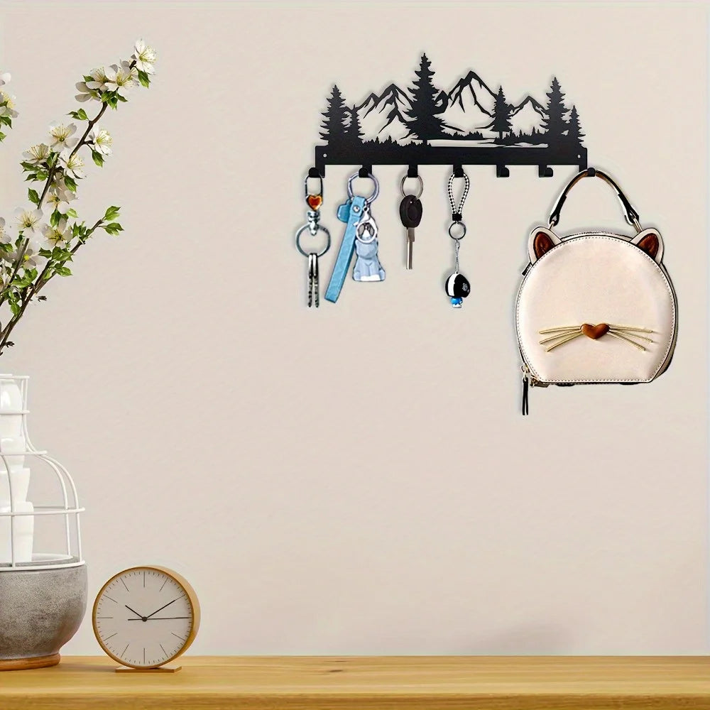 Metal Key Hanger Stand Ornamental Organizing Hooks with Mountain Forest Design Jackets Storage Wall Hooks Decorative Home Gift