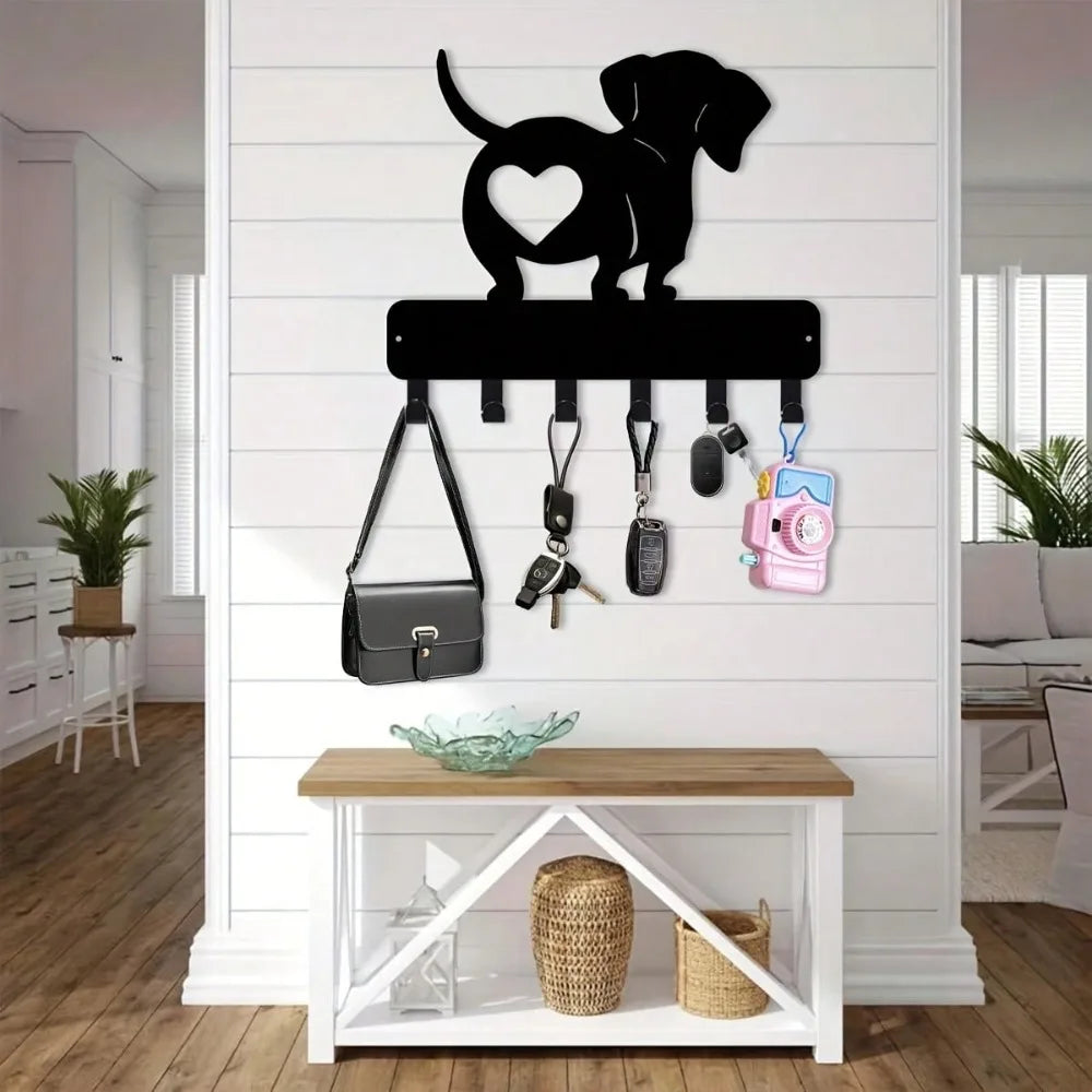 Dachshund Metal Key Hanger - Wall Hook for Keys, Hats & Decor, Heart Design, Black, Easy Install, 11.81 Inch, Home Office Organi