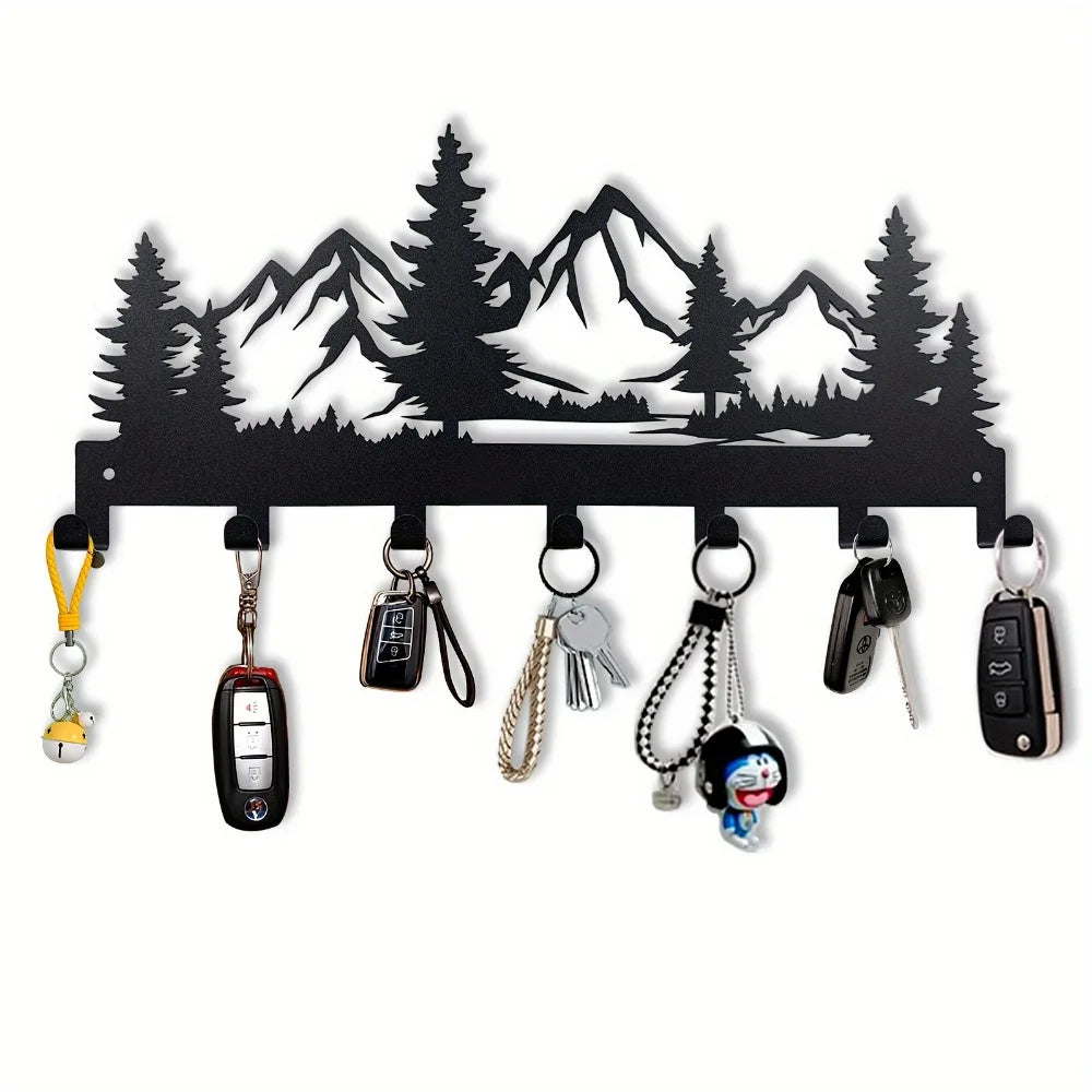 Metal Key Hanger Stand Ornamental Organizing Hooks with Mountain Forest Design Jackets Storage Wall Hooks Decorative Home Gift
