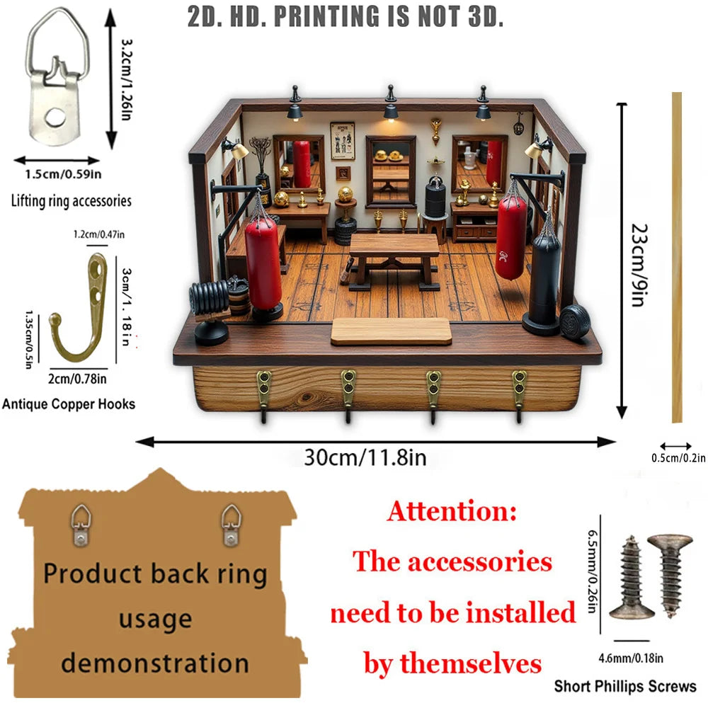 2D Flat Mini Wooden Boxing Key Hook, 1-Pack, Multi-Functional Home Decorative Wall Hanger with Four Metal Clips for Entryway