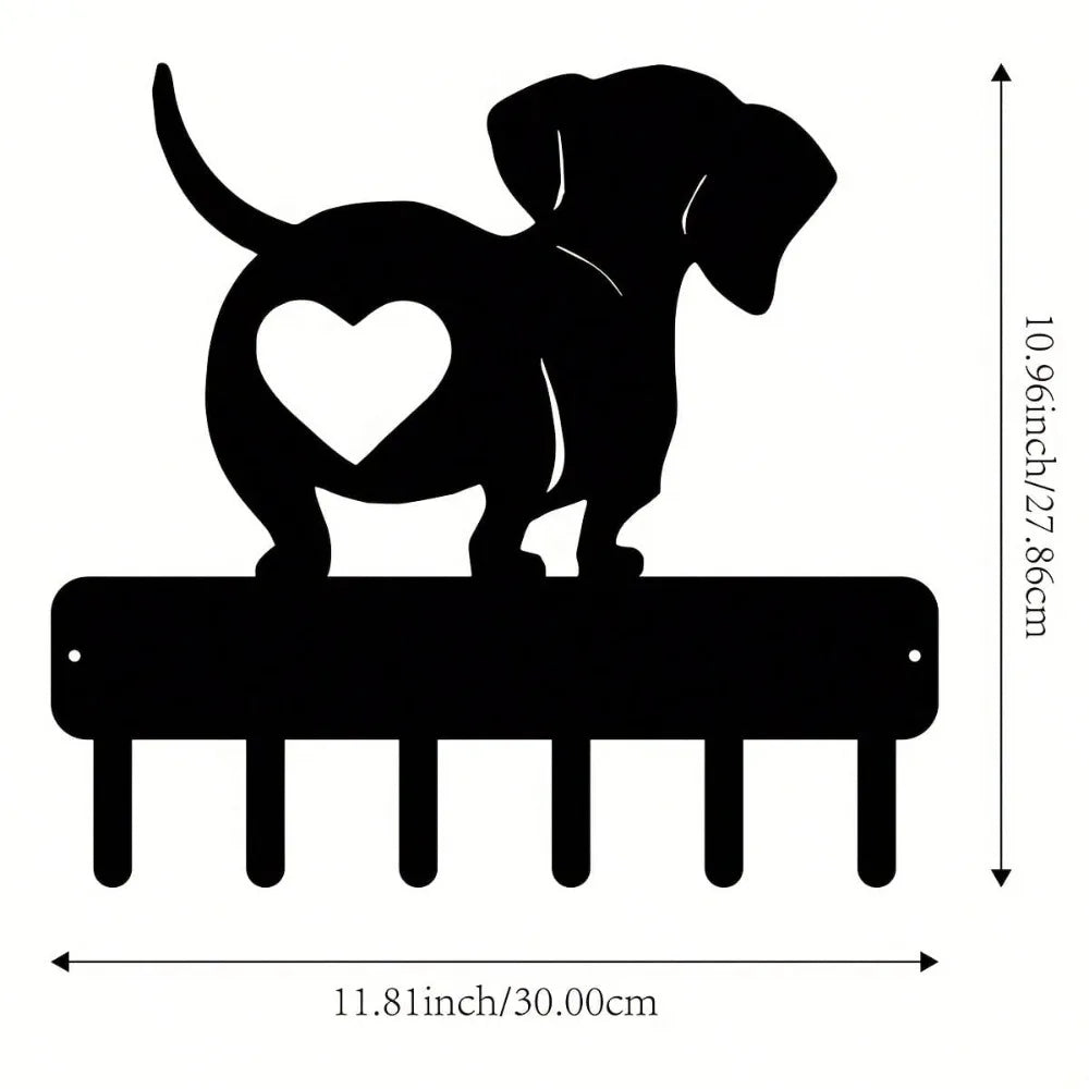 Dachshund Metal Key Hanger - Wall Hook for Keys, Hats & Decor, Heart Design, Black, Easy Install, 11.81 Inch, Home Office Organi